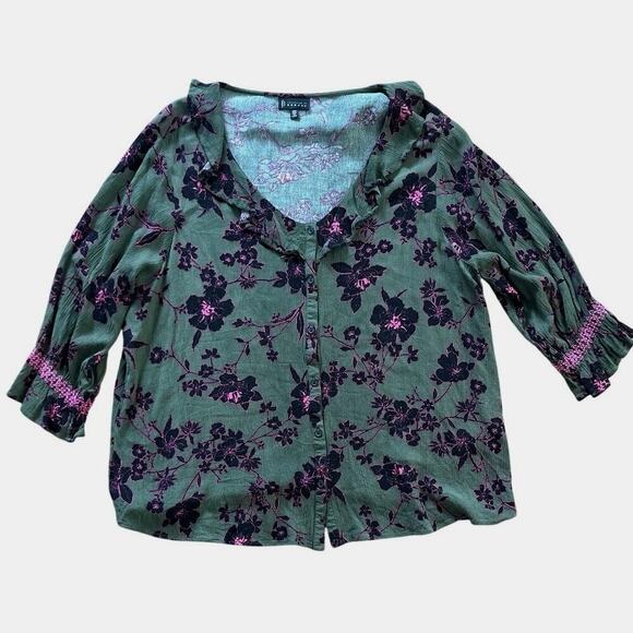 Bobeau Floral Ruffle Button Up Blouse Size 2X Olive Fuchsia 3/4 Sleeve Smocked - Picture 2 of 7